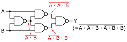 図5、4個のNAND回路で構成した、図1のXOR回路に等価な回路