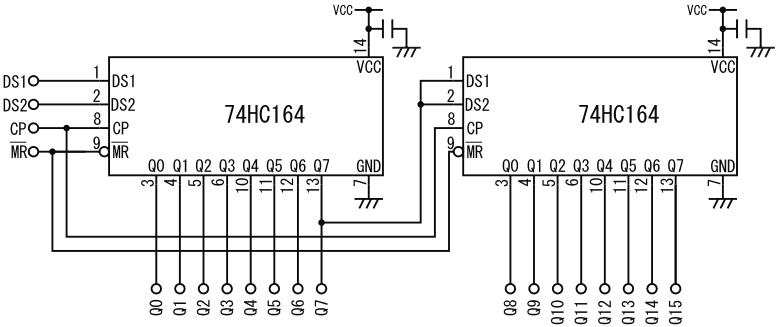 図10、74LS164を2つ使って16ビットのシフトレジスタを構成した例