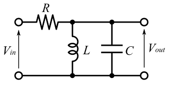 図7、LC並列共振回路および抵抗を用いたバンドパスフィルタの回路図
