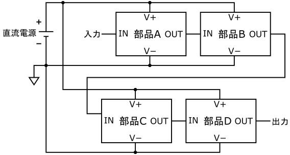 図16、4種類の部品を縦続接続した回路