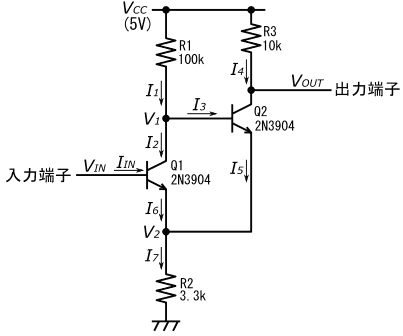 図48、NPNトランジスタで構成した非反転型シュミットトリガ回路