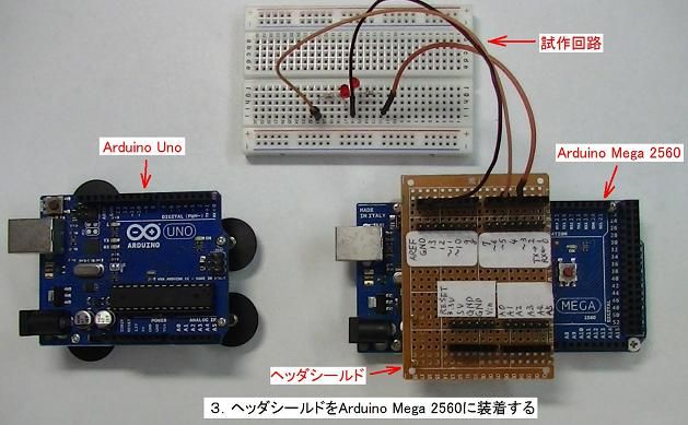 写真8、ヘッダシールドを用いたArduinoの交換(Arduino Mega 2560に装着する)