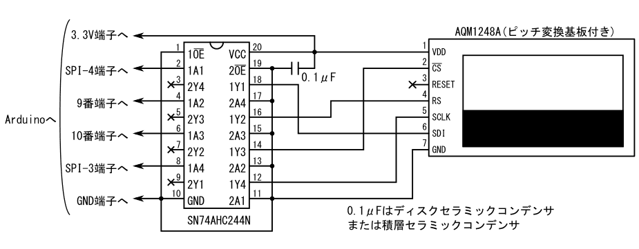 図32、74AHC244を使ってAQM1248Aを5V動作のArduinoに接続する場合の配線図(ハードウェアSPI)
