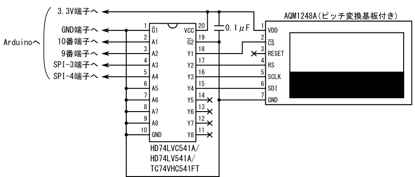 図35、HD74LVC541A/HD74LV541A/TC74VHC541FTを使ってAQM1248Aを5V動作のArduinoに接続する場合の配線図(ハードウェアSPI)