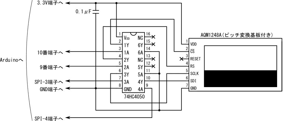 図38、74HC4050を使ってAQM1248Aを5V動作のArduinoに接続する場合の配線図(ハードウェアSPI)