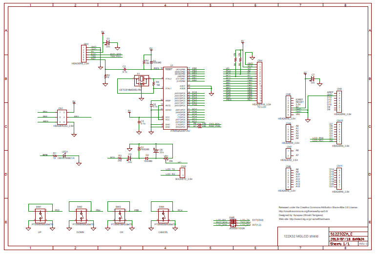 図1、122X32モノクログラフィックLCDシールドの回路図
