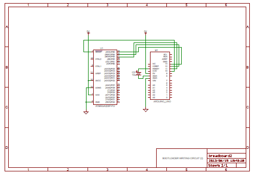 図8、ArduinoとATmega328Pの接続(水晶振動子なし)