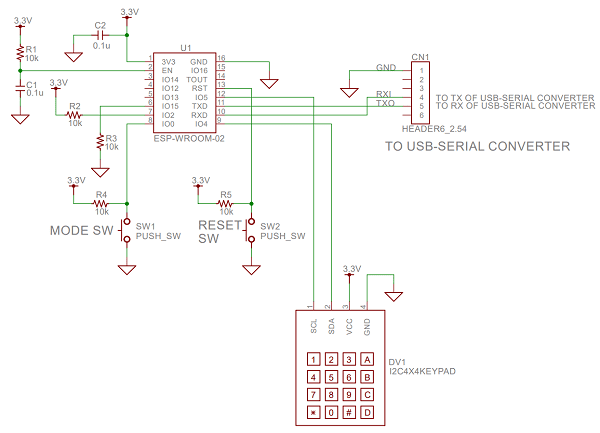 図5、ESP-WROOM-02でI2C接続4×4キーパッドを使う場合の回路図
