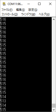 図3、リスト5のsetup関数内のAdcBooster関数の呼び出しを取り除き、Arduino M0で実行したときのTeraTermの画面の例