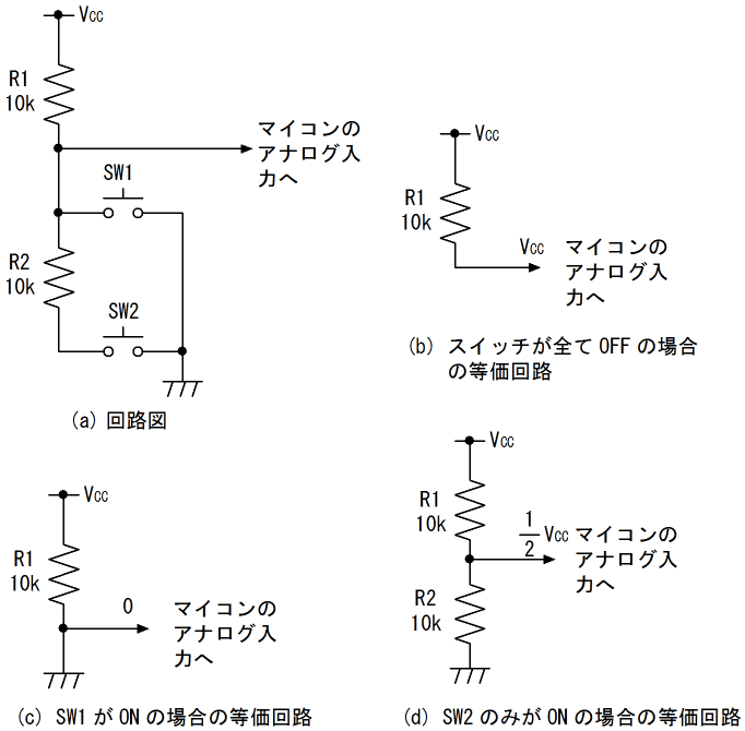 図1、アナログ入力端子を使った複数のスイッチのセンシングの原理