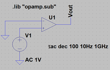 図18、".ac dec 100 10Hz 1GHz"の文字列を回路図中に配置している様子